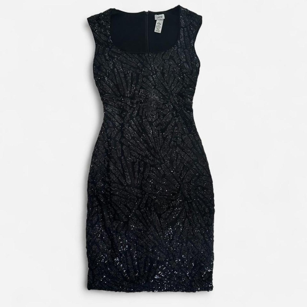 Cache Black sequin bodycon dress with square neckline and zipper back